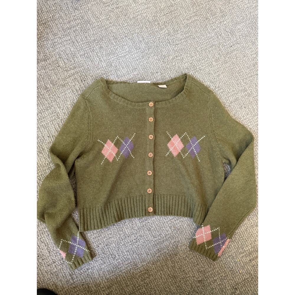 Lee one true fit vintage wool cropped argyle cardigan sweater XL